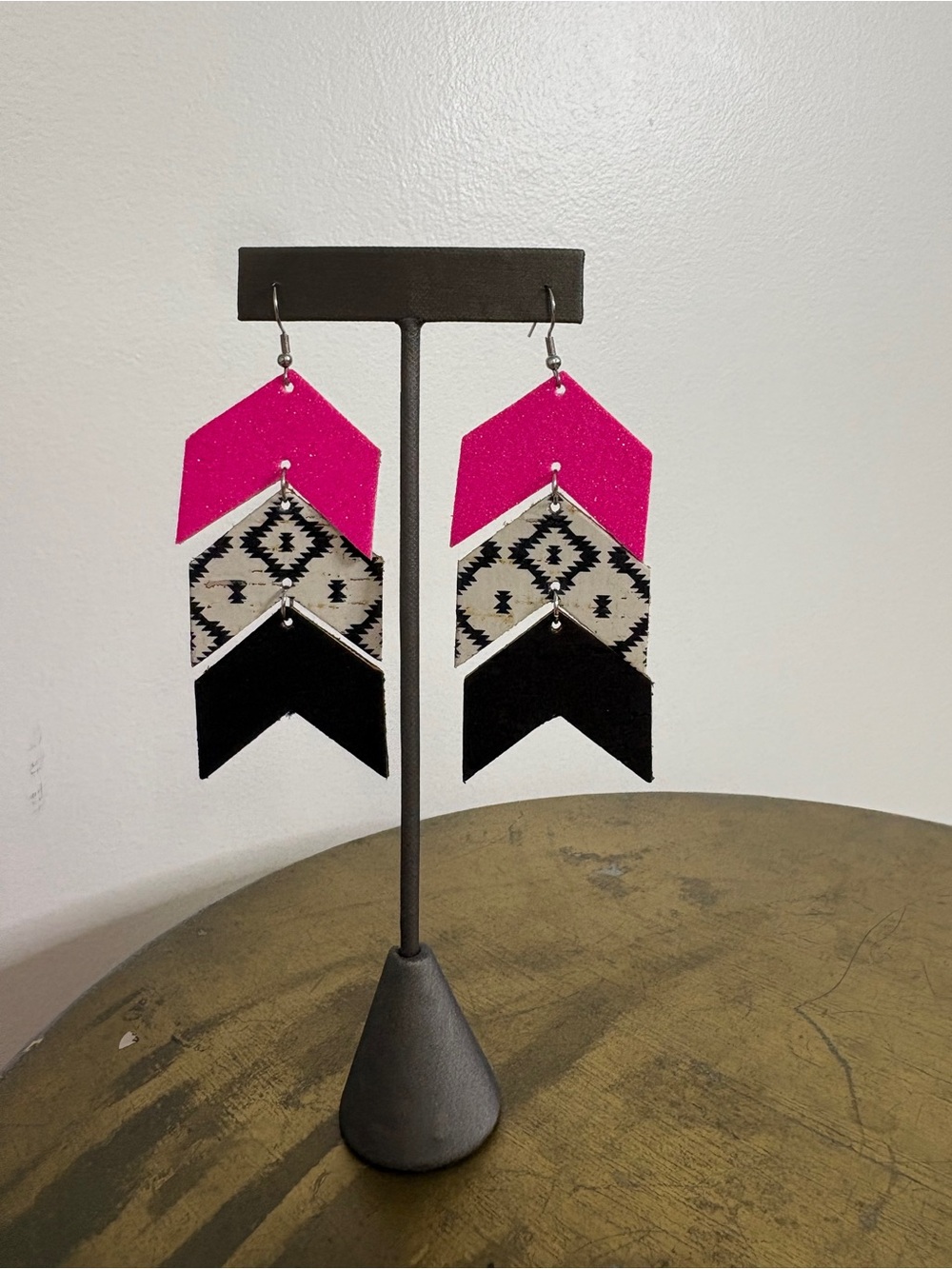 Hot Pink Western Aztec Layered Chevron Statement Earrings